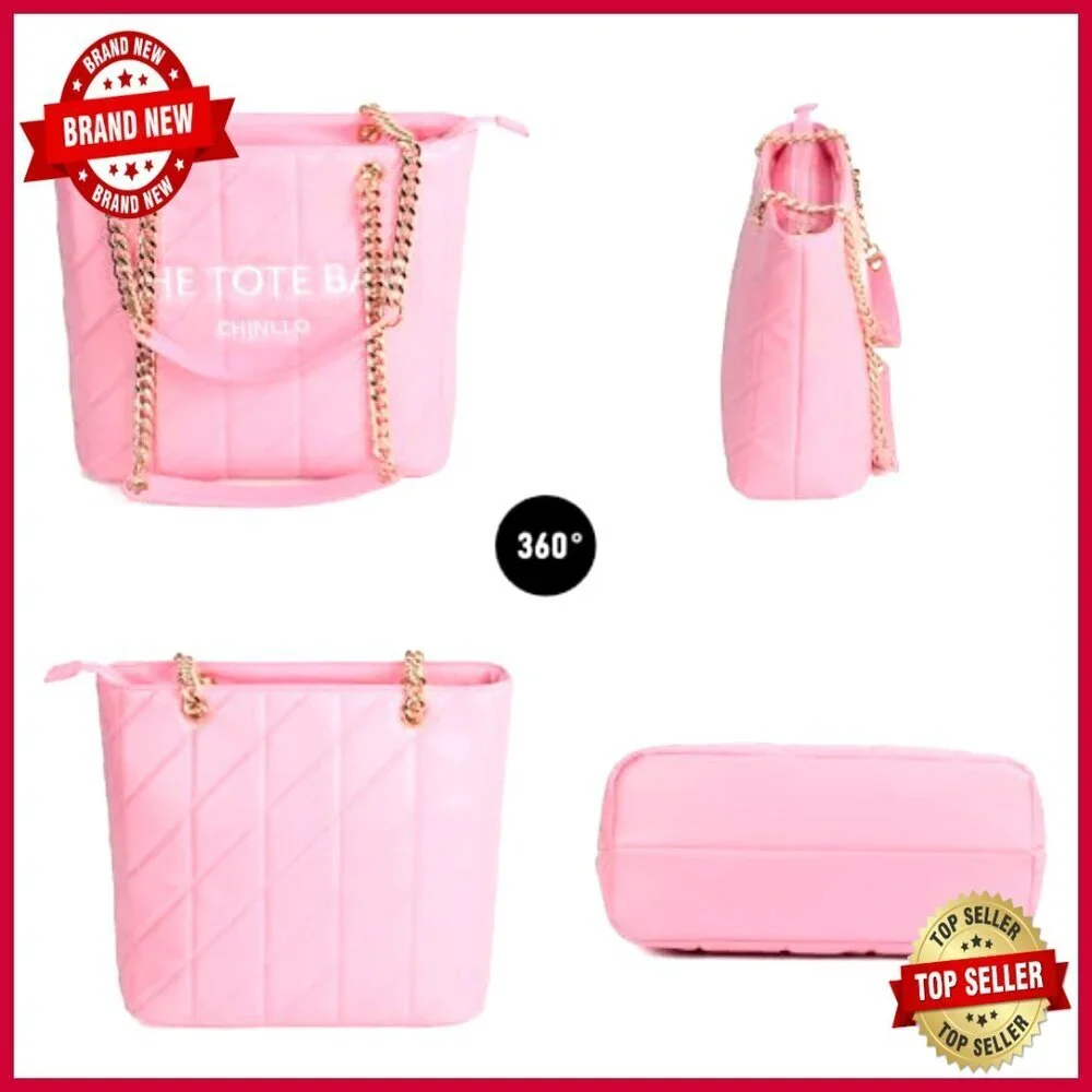 Large PU Leather Tote Bag with Zipper Compartments and Chain Strap